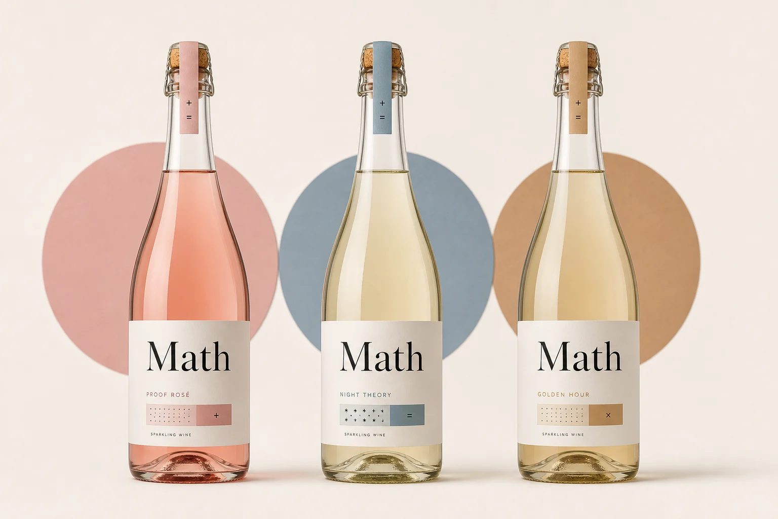 Three Math Wine bottles with Proof Rosé, Night Theory and Golden Hour labels